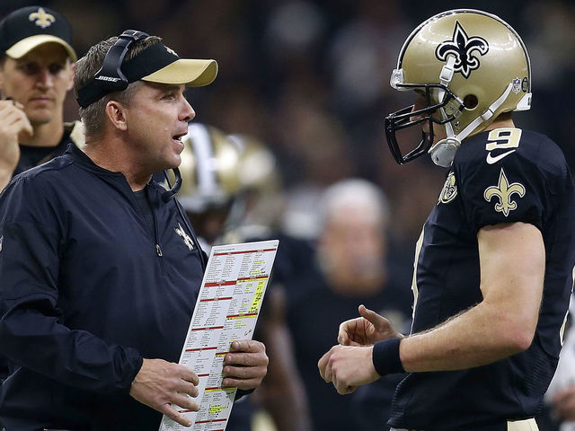 NEW ORLEANS, LA - NOVEMBER 27: Head coach Sean Payton of the New Orleans Saints talks to Drew Brees #9 during the first half of a game against the Los Angeles Rams at the Mercedes-Benz Superdome on November 27, 2016 in New Orleans, Louisiana.