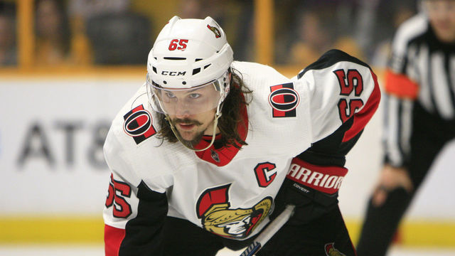 NASHVILLE, TN - FEBRUARY 19: Ottawa Senators defenseman Erik Karlsson (65) is shown during the NHL game between the Nashville Predators and the Ottawa Senators, held on February 19, 2018, at Bridgestone Arena in Nashville, Tennessee.