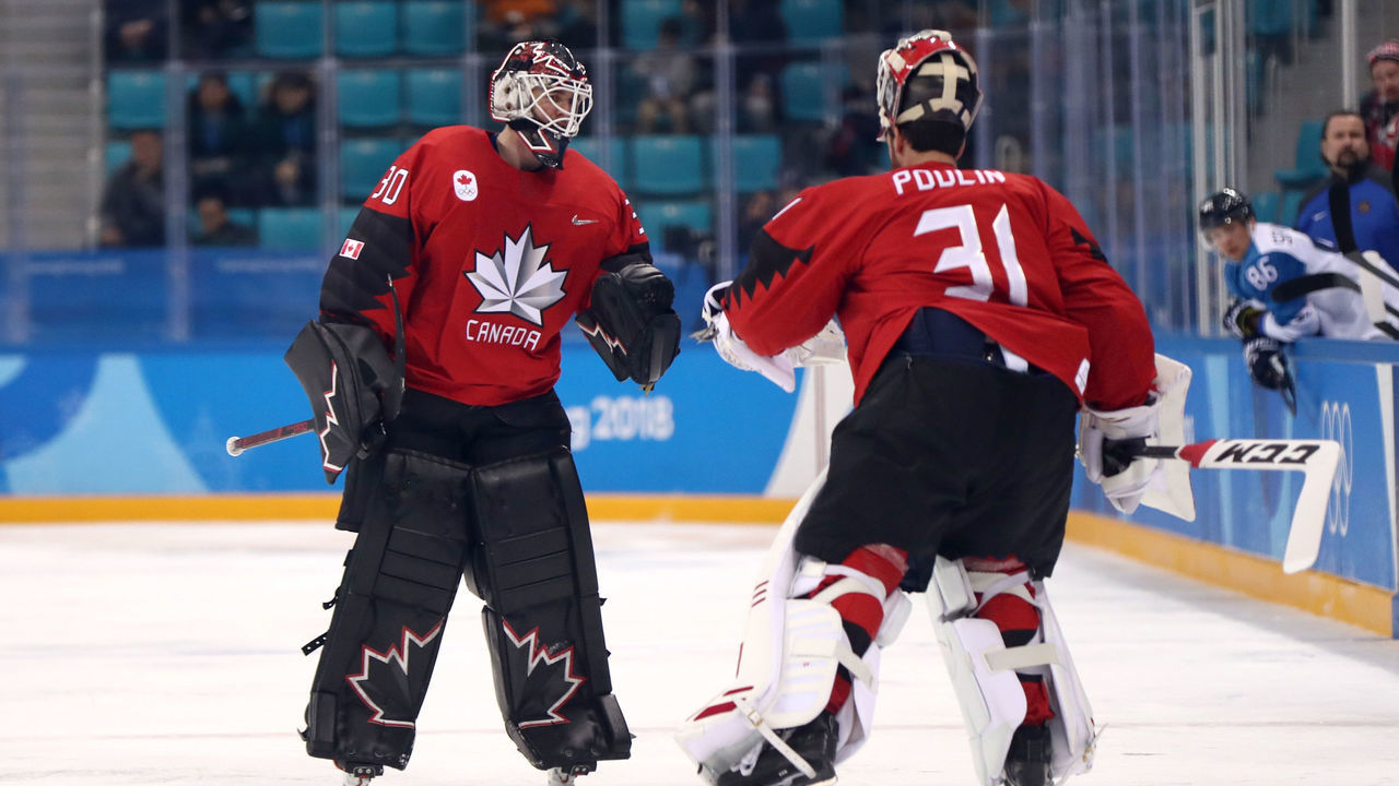 GANGNEUNG, SOUTH KOREA - FEBRUARY 21: Kevin Poulin #31 of Canada enters the game for Ben Scrivens #30 in the second period against Finland during the Men's Play-offs Quarterfinals on day twelve of the PyeongChang 2018 Winter Olympic Games at Gangneung Hockey Centre on February 21, 2018 in Gangneung, South Korea.