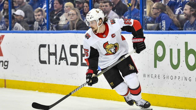 TAMPA, FL - DECEMBER 21: Ottawa Senators defender Erik Karlsson (65) during the third period of an NHL game between the Ottawa Senators and the Tampa Bay Lightning on December 21, 2017 at Amalie Arena in Tampa, FL. The Lightning defeated the Senators 4-3 in a shootout.