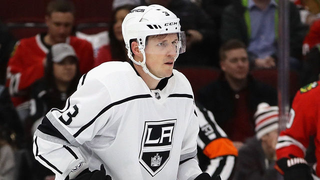 CHICAGO, IL - FEBRUARY 19: Dion Phaneuf #3 of the Los Angeles Kings skates against the Chicago Blackhawks at the United Center on February 19, 2018 in Chicago, Illinois. The Kings defeated the Blackhawks 3-1.