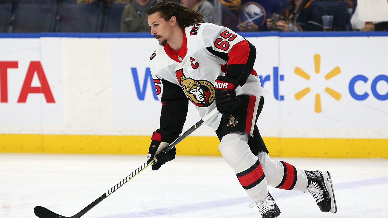 BUFFALO, NY - DECEMBER 12: Erik Karlsson #65 of the Ottawa Senators skates in warm-ups prior to the game against the Buffalo Sabres at the KeyBank Center on December 12, 2017 in Buffalo, New York.