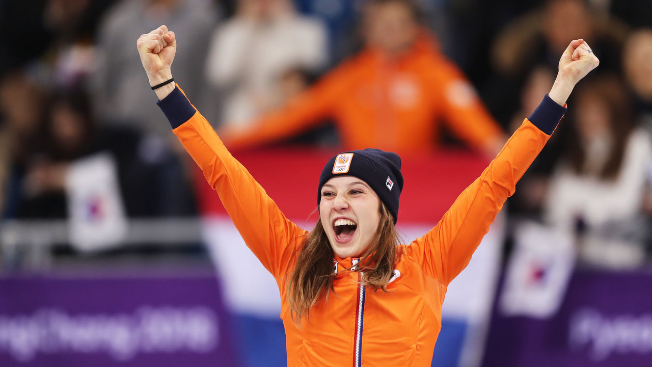 GANGNEUNG, SOUTH KOREA - FEBRUARY 22: Gold medalist Suzanne Schulting of the Netherlands celebrates during the victory ceremony after the Short Track Speed Skating Ladies' 1,000m Final A on day 13 of the PyeongChang 2018 Winter Olympic Games at Gangneung Ice Arena on February 22, 2018 in Gangneung, South Korea.