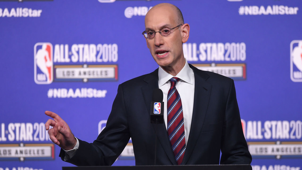 LOS ANGELES, CA - FEBRUARY 17: NBA Commissioner Adam Silver speaks onstage during the All-Star Press Conference at Staples Center on February 17, 2018 in Los Angeles, California.