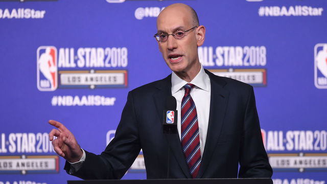 LOS ANGELES, CA - FEBRUARY 17: NBA Commissioner Adam Silver speaks onstage during the All-Star Press Conference at Staples Center on February 17, 2018 in Los Angeles, California.