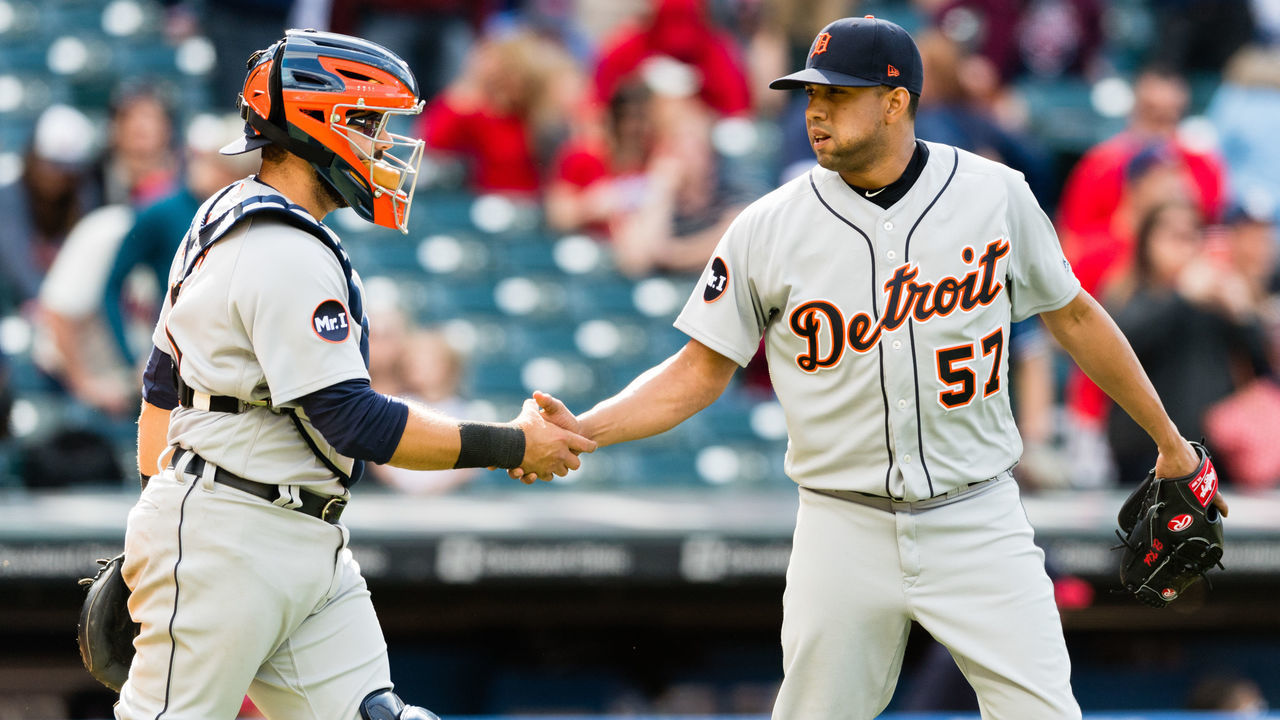 CLEVELAND, OH - APRIL 16: Catcher Michael Fulmer #32 celebrates with closing pitcher Francisco Rodriguez #57 of the Detroit Tigers after the Tigers defeated the Cleveland Indians at Progressive Field on April 16, 2017 in Cleveland, Ohio. The Tigers defeated the Indians 4-1.
