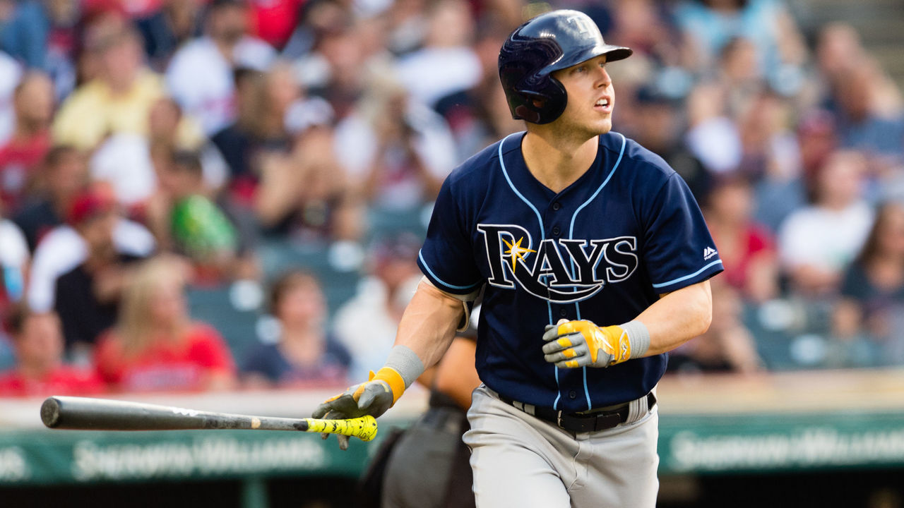 CLEVELAND, OH - MAY 16: Corey Dickerson #10 of the Tampa Bay Rays watches a solo home run clear the center field wall during the fifth inning against the Cleveland Indians at Progressive Field on May 16, 2017 in Cleveland, Ohio.