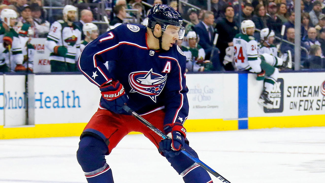 COLUMBUS, OH - JANUARY 30: Jack Johnson #7 of the Columbus Blue Jackets controls the puck during the game against the Minnesota Wild on January 30, 2018 at Nationwide Arena in Columbus, Ohio.