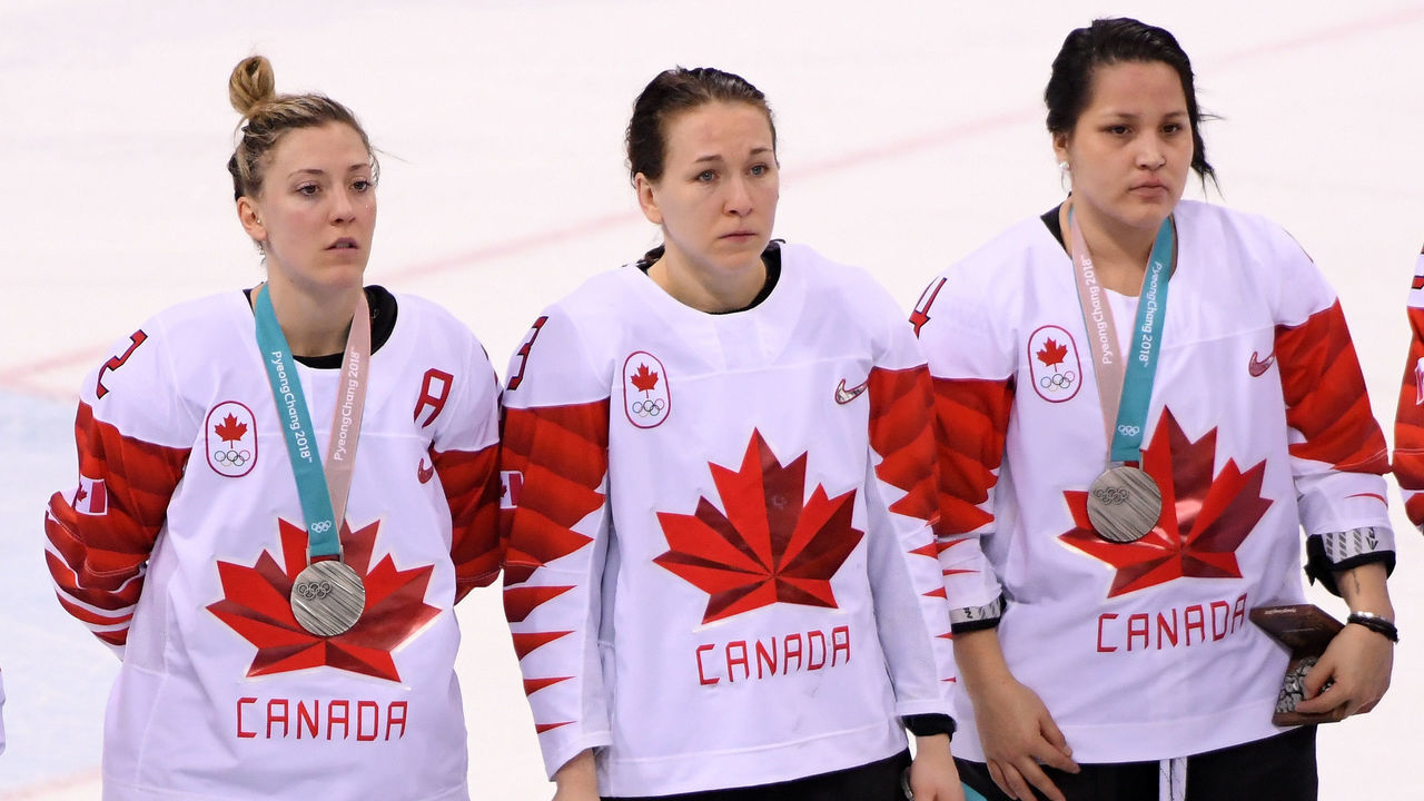GANGNEUNG, SOUTH KOREA - FEBRUARY 22: Jocelyne Larocque #3 of Canada refuses to wear her silver medal after losing to the United States in the Women's Gold Medal Game on day thirteen of the PyeongChang 2018 Winter Olympic Games at Gangneung Hockey Centre on February 22, 2018 in Gangneung, South Korea.