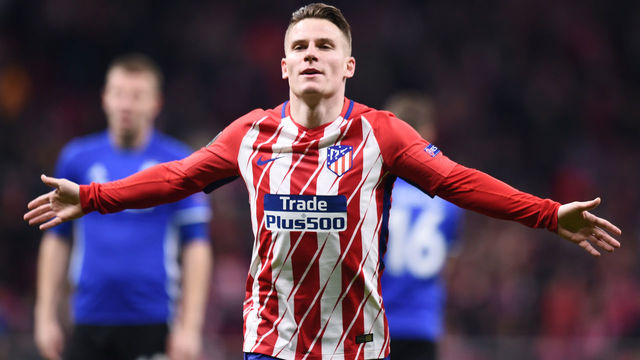 MADRID, SPAIN - FEBRUARY 22: Kevin Gameiro of Athletico Madrid celebrates scoring the first goal during UEFA Europa League Round of 32 match between Atletico Madrid and FC Copenhagen at the Wanda Metropolitano on February 22, 2018 in Madrid, Spain.