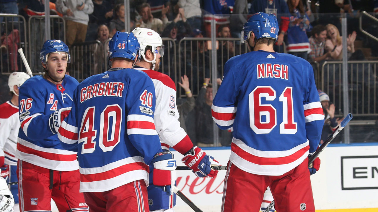 NEW YORK, NY - OCTOBER 08: Brady Skjei #76, Michael Grabner #40 and Rick Nash #61 of the New York Rangers celebrate after scoring a goal in the first period against Carey Price #31 of the Montreal Canadiens at Madison Square Garden on October 8, 2017 in New York City.