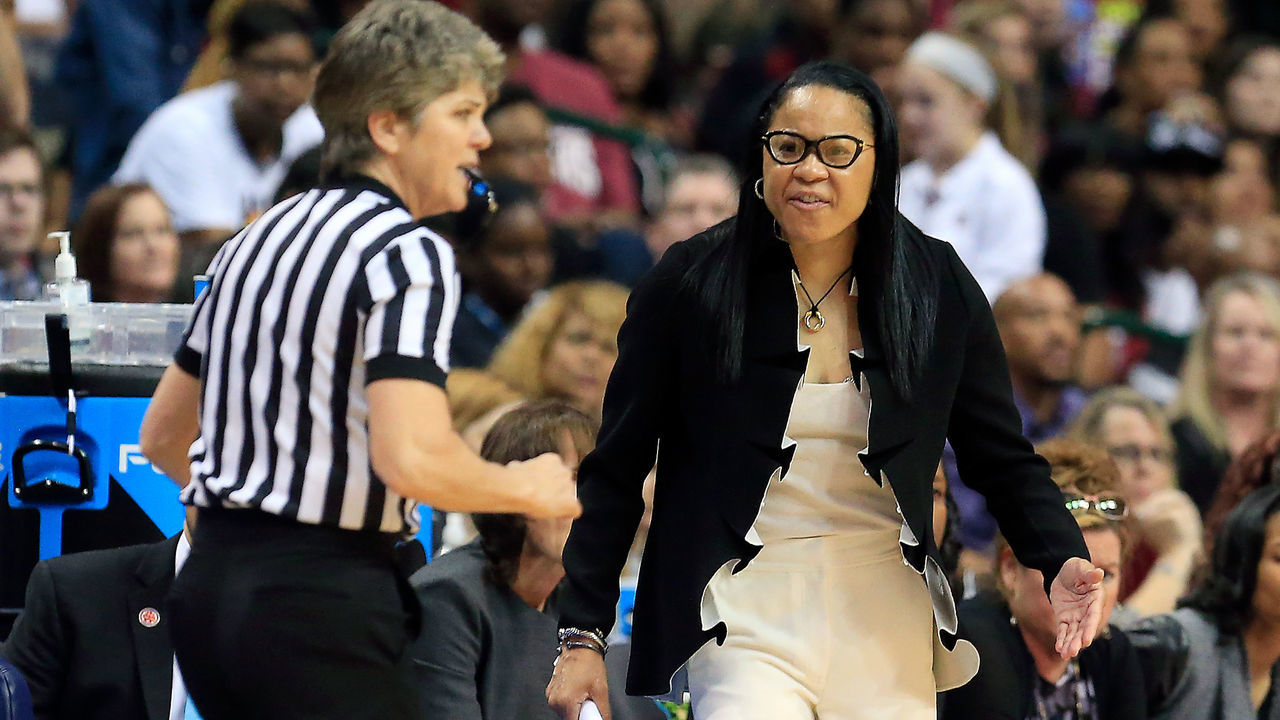DALLAS, TX - APRIL 02: head coach Dawn Staley of the South Carolina Gamecocks reacts to the official against the Mississippi State Lady Bulldogs during the first half of the championship game of the 2017 NCAA Women's Final Four at American Airlines Center on April 2, 2017 in Dallas, Texas.