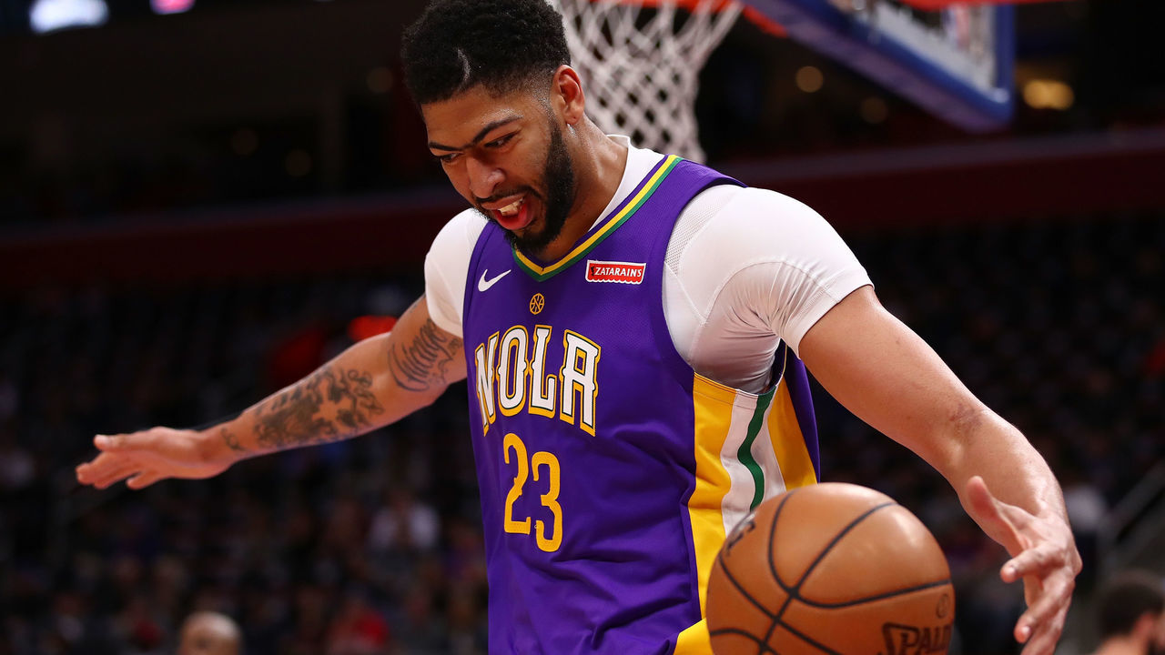 DETROIT, MI - FEBRUARY 12: Anthony Davis #23 of the New Orleans Pelicans reacts after a foul call while playing the Detroit Pistons at Little Caesars Arena on February 12, 2018 in Detroit, Michigan. New Orleans won the game 118-103.