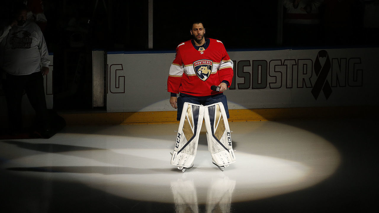 SUNRISE, FL - FEBRUARY 22: Goaltender Roberto Luongo #1 of the Florida Panthers who is a longtime resident of Parkland Florida speaks to the crowd prior to the start of the game against the Washington Capitals about the tragedy at Stoneman Douglas High School. at the BB&T Center on February 22, 2018 in Sunrise, Florida.