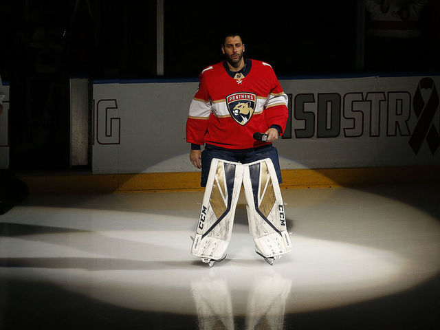 SUNRISE, FL - FEBRUARY 22: Goaltender Roberto Luongo #1 of the Florida Panthers who is a longtime resident of Parkland Florida speaks to the crowd prior to the start of the game against the Washington Capitals about the tragedy at Stoneman Douglas High School. at the BB&T Center on February 22, 2018 in Sunrise, Florida.
