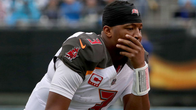 CHARLOTTE, NC - DECEMBER 24: Jameis Winston #3 of the Tampa Bay Buccaneers reacts between plays against the Carolina Panthers in the fourth quarter during their game at Bank of America Stadium on December 24, 2017 in Charlotte, North Carolina.