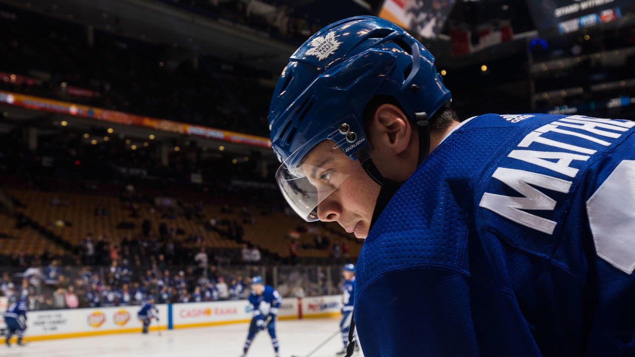 TORONTO, ON - FEBRUARY 22: Auston Matthews #34 of the Toronto Maple Leafs takes part in warm-up before facing the New York Islanders at the Air Canada Centre on February 22, 2018 in Toronto, Ontario, Canada.