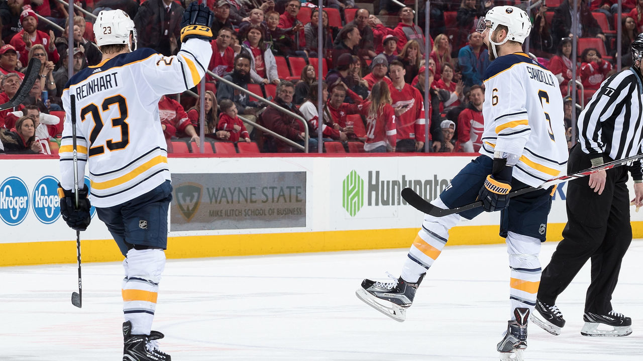 DETROIT, MI - FEBRUARY 22: Marco Scandella #6 of the Buffalo Sabres celebrates his winning goal with teammate Sam Reinhart #23 following an NHL game against the Detroit Red Wings at Little Caesars Arena on February 22, 2018 in Detroit, Michigan. The Sabres defeated the Wings 3-2 in overtime.