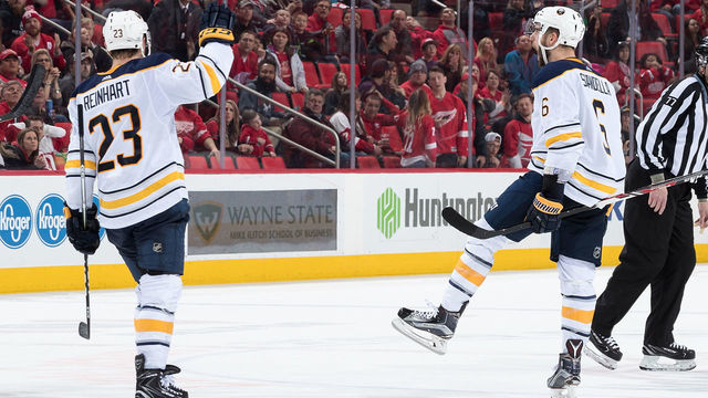 DETROIT, MI - FEBRUARY 22: Marco Scandella #6 of the Buffalo Sabres celebrates his winning goal with teammate Sam Reinhart #23 following an NHL game against the Detroit Red Wings at Little Caesars Arena on February 22, 2018 in Detroit, Michigan. The Sabres defeated the Wings 3-2 in overtime.
