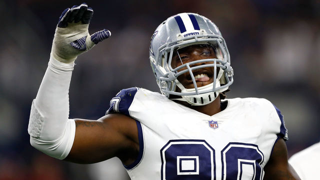 ARLINGTON, TX - NOVEMBER 30: DeMarcus Lawrence #90 of the Dallas Cowboys reacts after a 38-14 win over the Washington Redskins at AT&T Stadium on November 30, 2017 in Arlington, Texas.