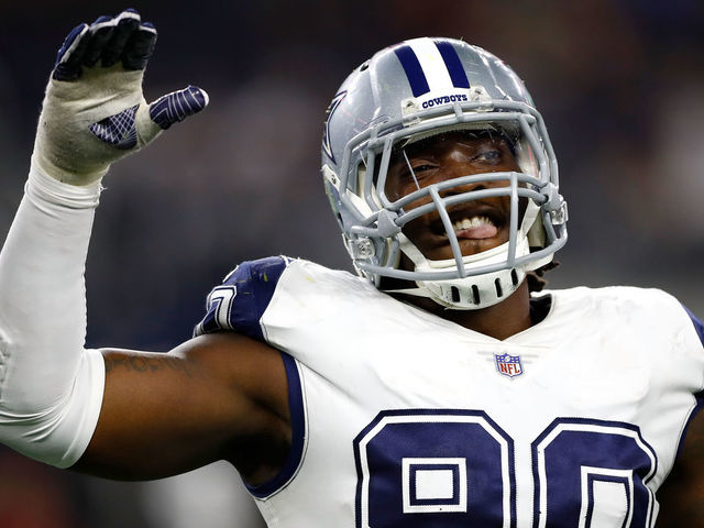 ARLINGTON, TX - NOVEMBER 30: DeMarcus Lawrence #90 of the Dallas Cowboys reacts after a 38-14 win over the Washington Redskins at AT&T Stadium on November 30, 2017 in Arlington, Texas.