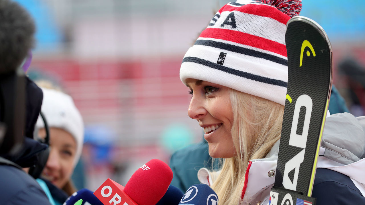 PYEONGCHANG-GUN, SOUTH KOREA - FEBRUARY 22: Lindsey Vonn of the United States is interviewed following the Ladies' Alpine Combined on day thirteen of the PyeongChang 2018 Winter Olympic Games at Yongpyong Alpine Centre on February 22, 2018 in Pyeongchang-gun, South Korea.