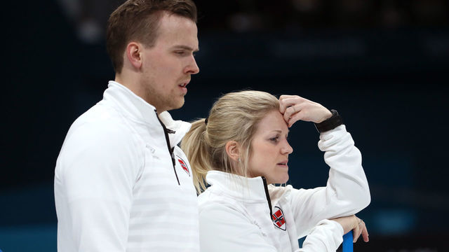 GANGNEUNG, SOUTH KOREA - FEBRUARY 13: Kristin Skaslien and Magnus Nedregotten of Norway look on against Olympic Athletes from Russia during the Curling Mixed Doubles Bronze Medal Game on day four of the PyeongChang 2018 Winter Olympic Games at Gangneung Curling Centre on February 13, 2018 in Gangneung, South Korea.
