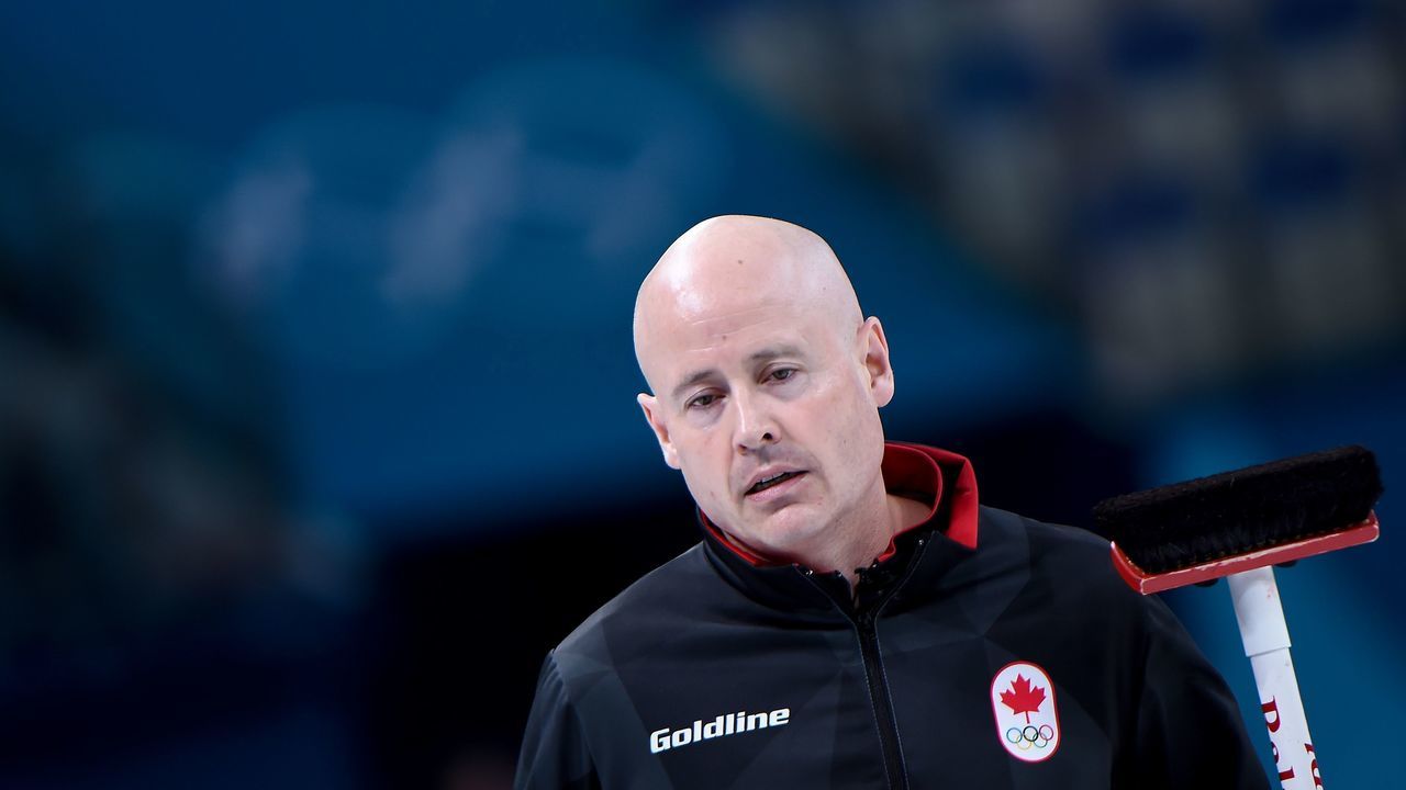 Canada's Kevin Koe reacts during the curling men's semi-final game during the Pyeongchang 2018 Winter Olympic Games at the Gangneung Curling Centre in Gangneung on February 22, 2018. / AFP PHOTO / WANG Zhao