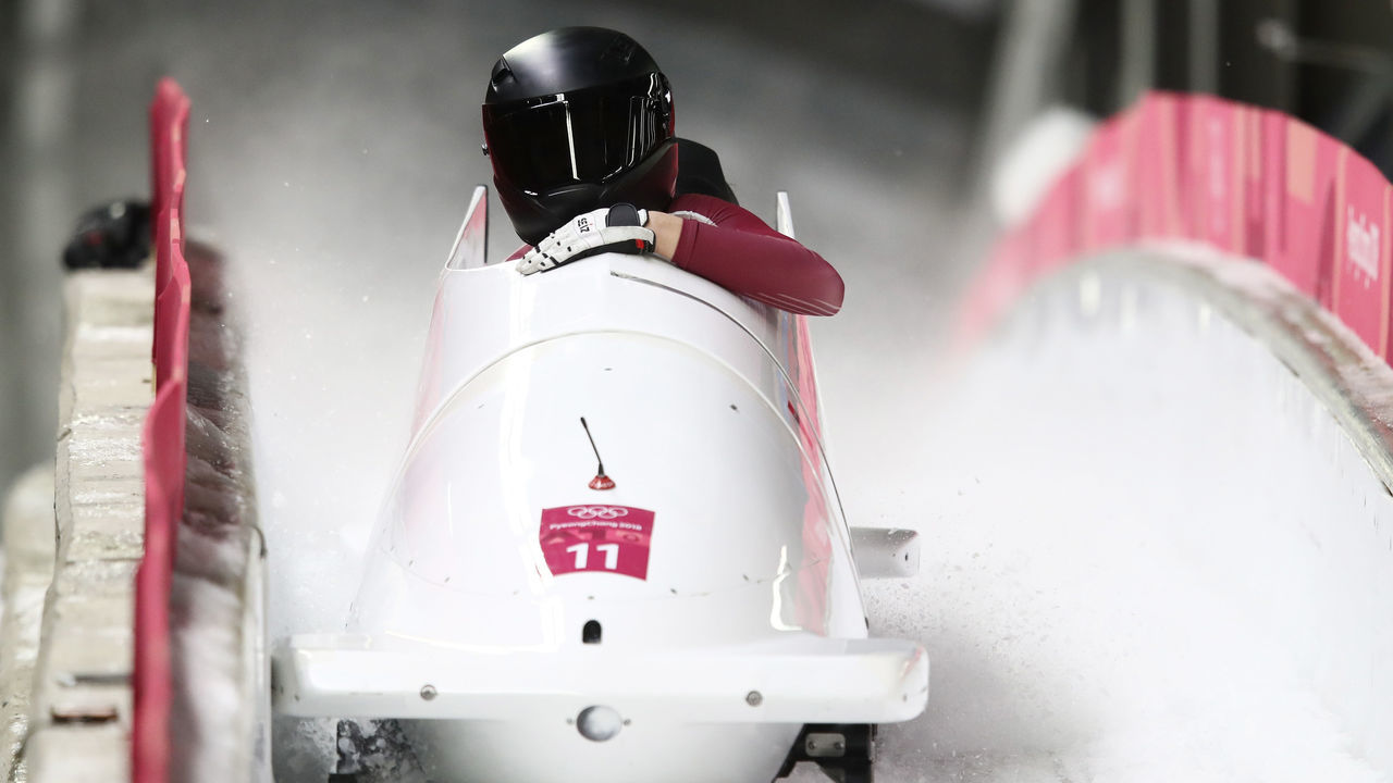 PYEONGCHANG-GUN, SOUTH KOREA - FEBRUARY 21: Nadezhda Sergeeva and Anastasia Kocherzhova of Olympic Athlete from Russia react in the finish area during the Women's Bobsleigh heats on day twelve of the PyeongChang 2018 Winter Olympic Games at the Olympic Sliding Centre on February 21, 2018 in Pyeongchang-gun, South Korea.