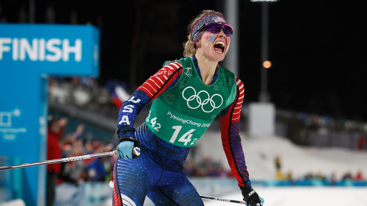USA's Jessica Diggins reacts as she wins gold in the women's cross country team sprint free final at the Alpensia cross country ski centre during the Pyeongchang 2018 Winter Olympic Games on February 21, 2018 in Pyeongchang. / AFP PHOTO / Odd ANDERSEN