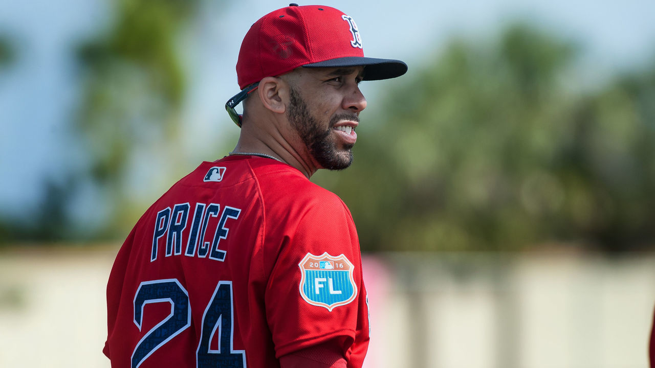 FT. MYERS, FL - FEBRUARY 19: David Price of the Boston Red Sox looks on during a spring training workout at Fenway South on February 19, 2016 in Ft. Myers, Florida.