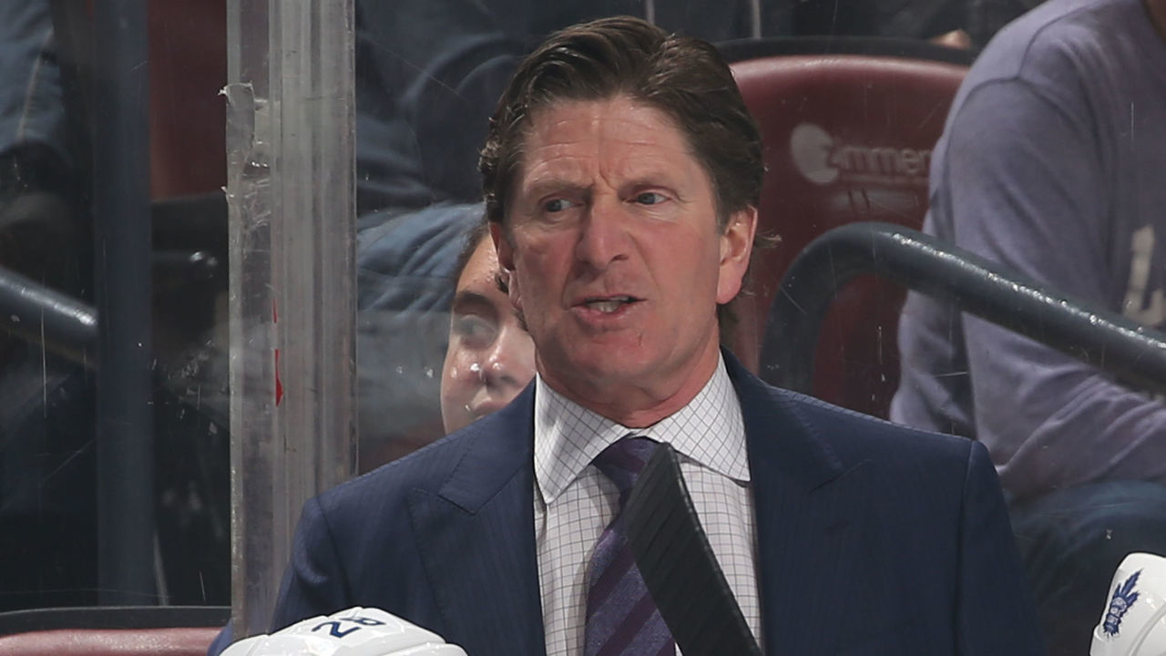 SUNRISE, FL - NOVEMBER 22: Head coach Mike Babcock of the Toronto Maple Leafs looks on during first period action against the Florida Panthers at the BB&T Center on November 22, 2017 in Sunrise, Florida.