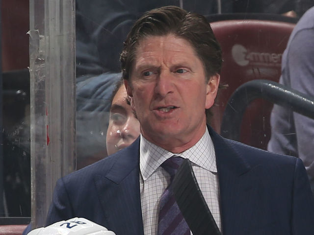 SUNRISE, FL - NOVEMBER 22: Head coach Mike Babcock of the Toronto Maple Leafs looks on during first period action against the Florida Panthers at the BB&T Center on November 22, 2017 in Sunrise, Florida.