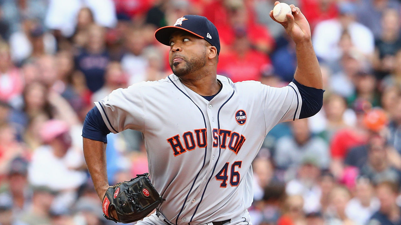 BOSTON, MA - OCTOBER 08: Francisco Liriano #46 of the Houston Astros throws a pitch in the third inning against the Boston Red Sox during game three of the American League Division Series at Fenway Park on October 8, 2017 in Boston, Massachusetts.
