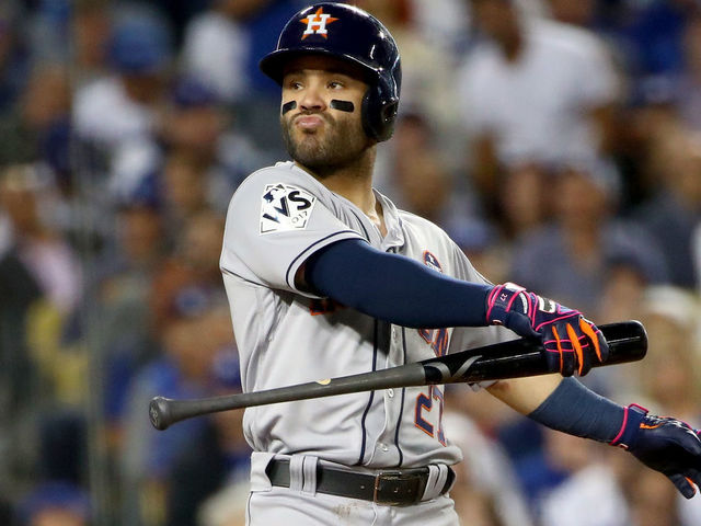LOS ANGELES, CA - OCTOBER 31: Jose Altuve #27 of the Houston Astros reacts as he bats during the sixth inning against the Los Angeles Dodgers in game six of the 2017 World Series at Dodger Stadium on October 31, 2017 in Los Angeles, California.