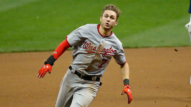 MILWAUKEE, WI - AUGUST 31: The helmet of Trea Turner #7 of the Washington Nationals falls off as he runs to third base on a triple against the Milwaukee Brewers during the eighth inning at Miller Park on August 31, 2017 in Milwaukee, Wisconsin.