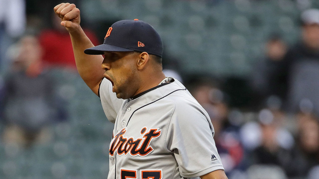 CHICAGO, IL - APRIL 04: Francisco Rodriguez #57 of the Detroit Tigers celebrates a win against the Chicago White Sox during the opening day game at Guaranteed Rate Field on April 4, 2017 in Chicago, Illinois. The Tigers defeated the White Sox 6-3.