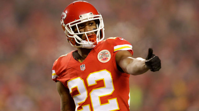 KANSAS CITY, MP - JANUARY 15: Cornerback Marcus Peters #22 of the Kansas City Chiefs checks his aligment with an official prior turnover a play against the Pittsburgh Steelers during the first quarter of the game in the AFC Divisional Playoff game at Arrowhead Stadium on January 15, 2017 in Kansas City, Missouri.