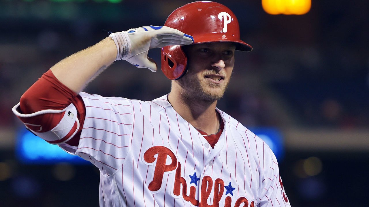 PHILADELPHIA, PA - APRIL 26: Michael Saunders #5 of the Philadelphia Phillies salutes in celebration of his two run home run in the eighth inning against the Miami Marlins at Citizens Bank Park on April 26, 2017 in Philadelphia, Pennsylvania. The Phillies won 7-4.