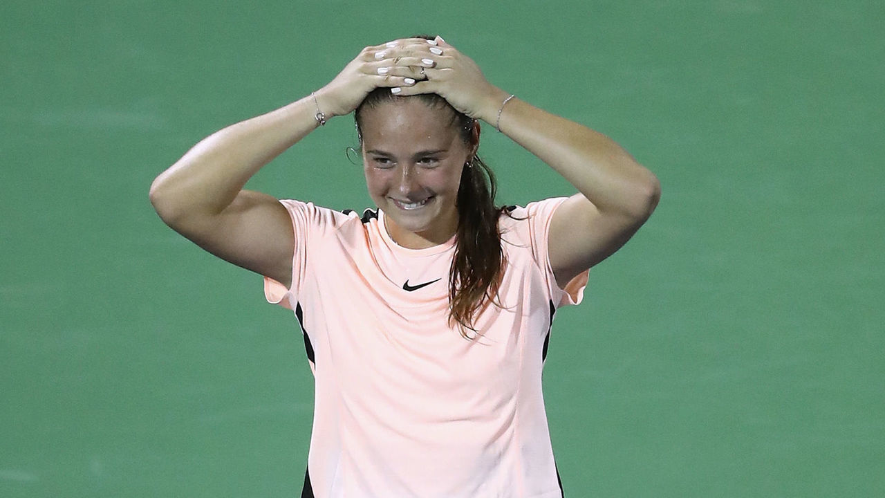 DUBAI, UNITED ARAB EMIRATES - FEBRUARY 23: Daria Kasatkina of Russia celebrates victory after her semi final match against Garbine Muguruza of Spain during day five of the WTA Dubai Duty Free Tennis Championship at the Dubai Tennis Stadium on February 23, 2018 in Dubai, United Arab Emirates.