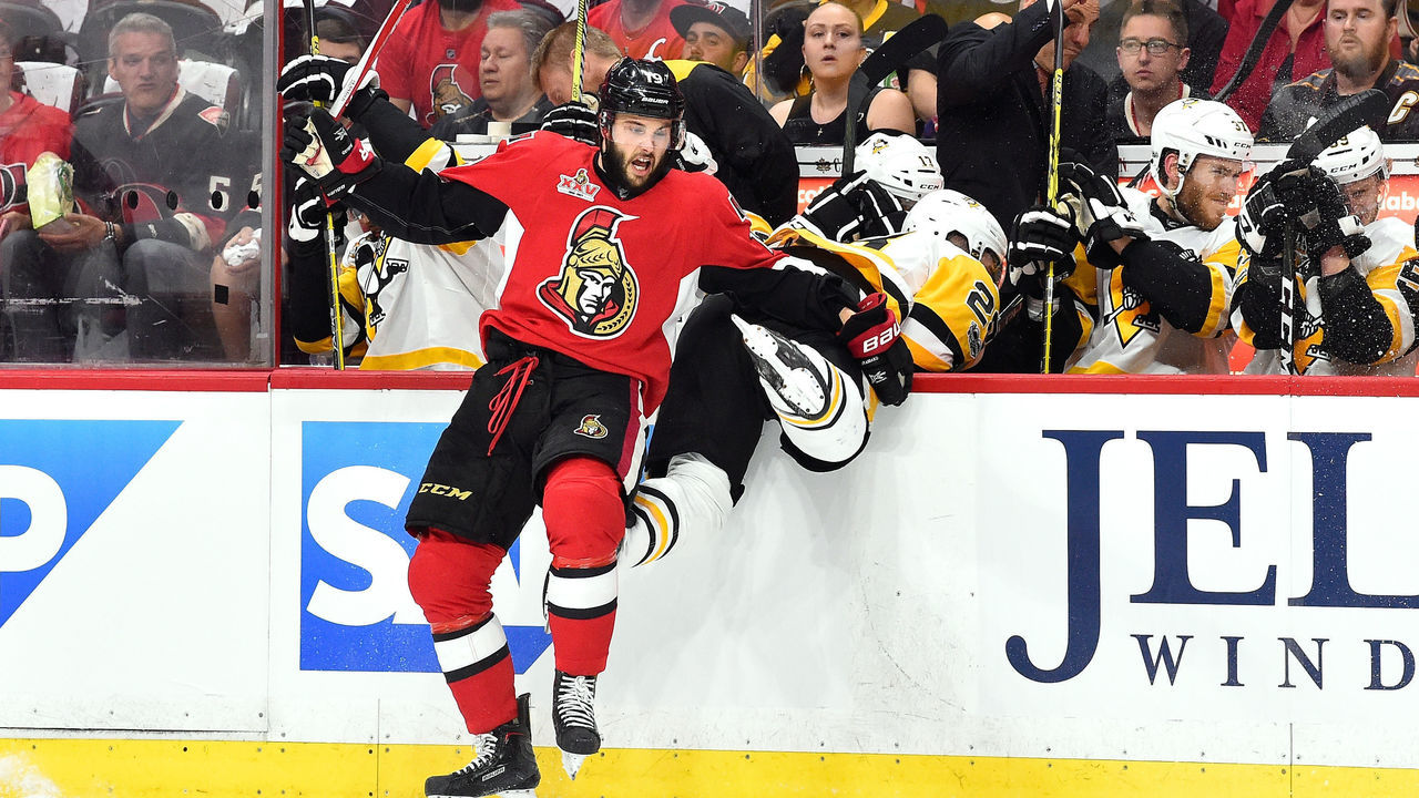 OTTAWA, ON - MAY 23: Derick Brassard #19 of the Ottawa Senators checks Ian Cole #28 of the Pittsburgh Penguins during the first period in Game Six of the Eastern Conference Final during the 2017 NHL Stanley Cup Playoffs at Canadian Tire Centre on May 23, 2017 in Ottawa, Canada.