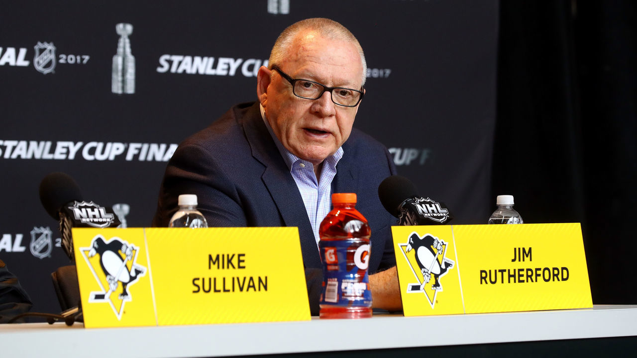 PITTSBURGH, PA - MAY 28: General Manager Jim Rutherford of the Pittsburgh Penguins answers questions in a press conference during Media Day for the 2017 NHL Stanley Cup Final at PPG PAINTS Arena on May 28, 2017 in Pittsburgh, Pennsylvania.