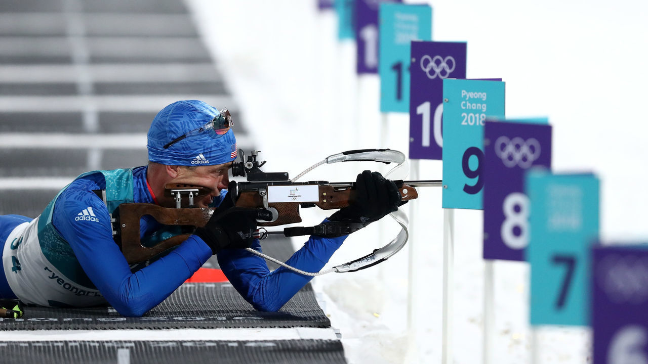 PYEONGCHANG-GUN, SOUTH KOREA - FEBRUARY 11: Tim Burke of the United States shoots during the Men's 10km Sprint Biathlon on day two of the PyeongChang 2018 Winter Olympic Games at Alpensia Biathlon Centre on February 11, 2018 in Pyeongchang-gun, South Korea.