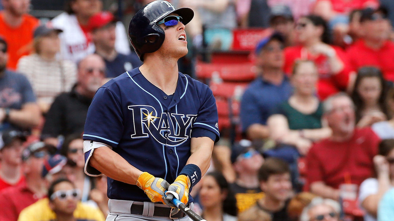 BOSTON, MA - APRIL 16: Corey Dickerson #10 of the Tampa Bay Rays watches his home run in the fourth inning against the Boston Red Sox at Fenway Park on April 16, 2017 in Boston, Massachusetts.