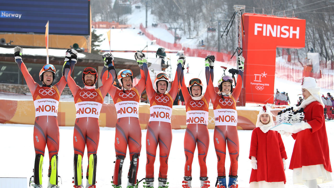 PYEONGCHANG-GUN, SOUTH KOREA - FEBRUARY 24: Bronze medallists Norway with Jonathan Nordbotten, Leif Kristian Nestvold-Haugen, Sebastian Foss-Solevaag, Maren Skjoeld, Kristin Lysdahl and Nina Haver-Loeseth celebrate during the victory ceremony for the Alpine Team Event Big Final on day 15 of the PyeongChang 2018 Winter Olympic Games at Yongpyong Alpine Centre on February 24, 2018 in Pyeongchang-gun, South Korea.