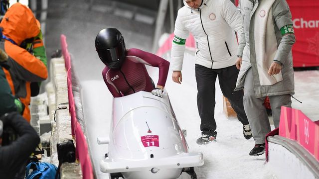 Russia's Nadezhda Sergeeva and Russia's Anastasia Kocherzhova compete in the women's bobsleigh heat 4 final run during the Pyeongchang 2018 Winter Olympic Games at the Olympic Sliding Centre on February 21, 2018 in Pyeongchang. / AFP PHOTO / Mark RALSTON