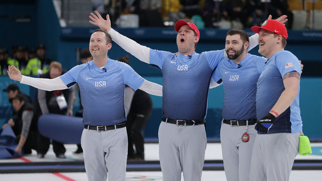 GANGNEUNG, SOUTH KOREA - FEBRUARY 24: Team United States reacts after defeating Sweden 10-7 to win the Curling Men's Gold Medal game on day fifteen of the PyeongChang 2018 Winter Olympic Games at Gangneung Curling Centre on February 24, 2018 in Gangneung, South Korea.