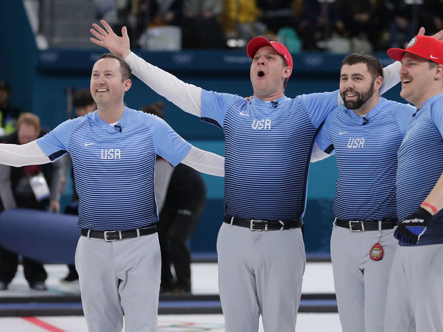GANGNEUNG, SOUTH KOREA - FEBRUARY 24: Team United States reacts after defeating Sweden 10-7 to win the Curling Men's Gold Medal game on day fifteen of the PyeongChang 2018 Winter Olympic Games at Gangneung Curling Centre on February 24, 2018 in Gangneung, South Korea.