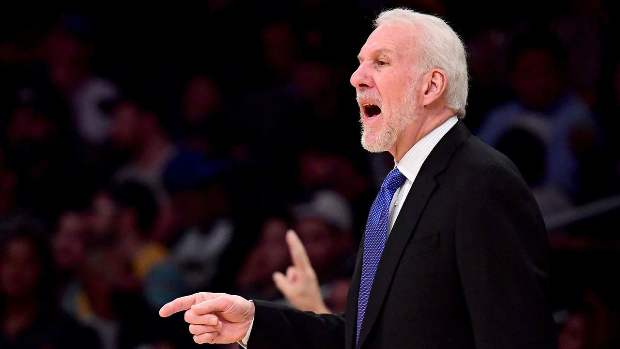 LOS ANGELES, CA - JANUARY 11: Gregg Popovich of the San Antonio Spurs talks to his players from the sidelines during the first half against the Los Angeles Lakers at Staples Center on January 11, 2018 in Los Angeles, California.