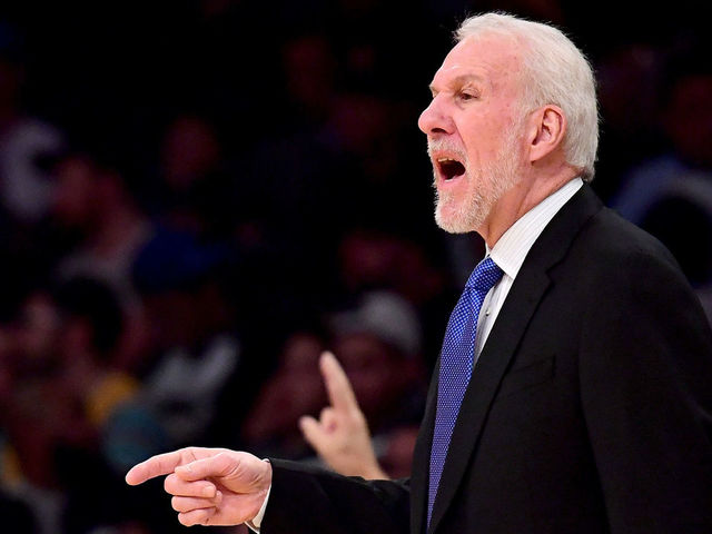 LOS ANGELES, CA - JANUARY 11: Gregg Popovich of the San Antonio Spurs talks to his players from the sidelines during the first half against the Los Angeles Lakers at Staples Center on January 11, 2018 in Los Angeles, California.